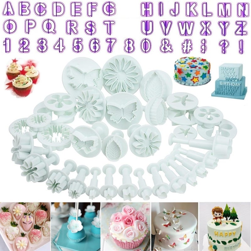 Elinka Flower Fondant Cutters,73Pcs Cake Cookie Cutter Plunger Sugarcraft Alphabet Letters Decorating Tools,Sunflower Rose Leaf Butterfly Heart Star Carnation Hollow Calyx Cutter Molds,Icing Modelling Kit - Image 1